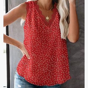 Women's medium Red V Neck Lace Trim Sleeveless Top